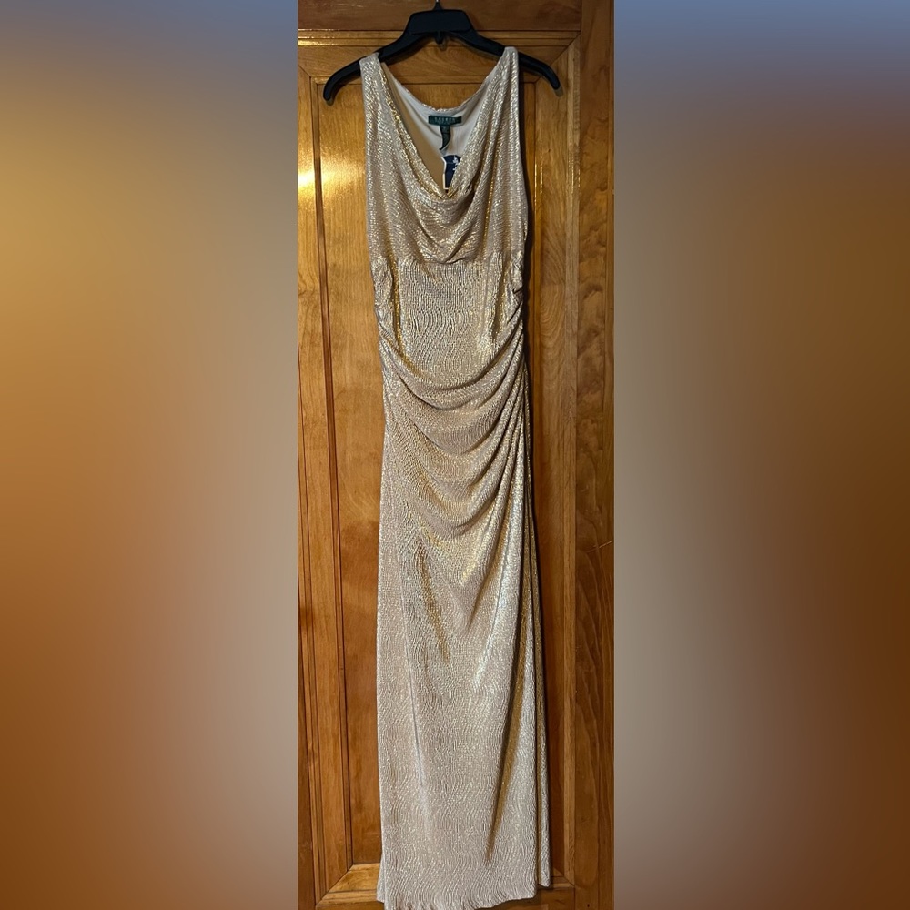 Gold cowl neck sinched waist full length dress Ralph Lauren size 12